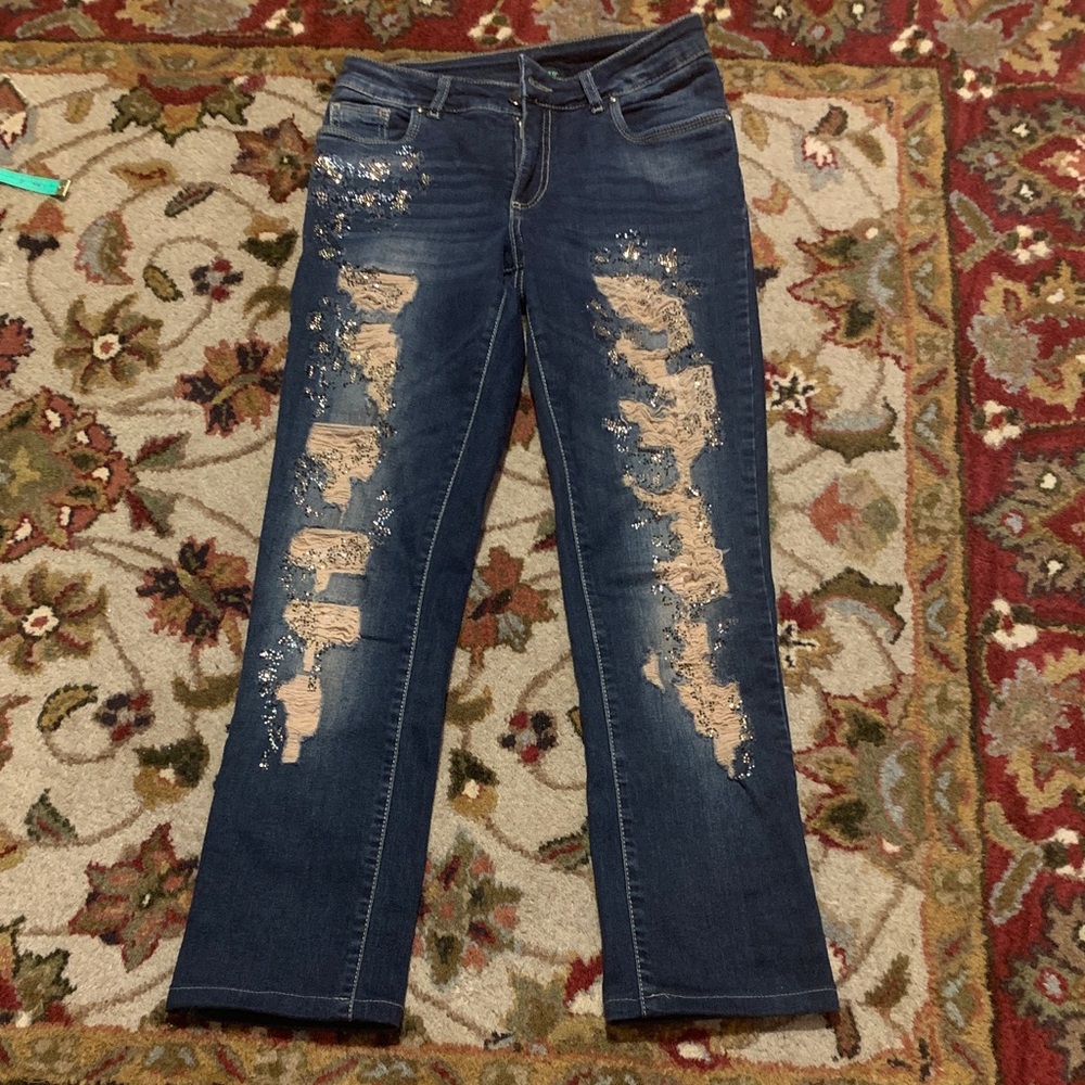 Tricotto Women's Embellished Straight Leg Jeans - Dark Blue, size 4